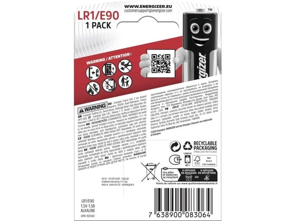Energizer E90, Alkaline, 1,5V, 1000 mAh, 9,2g (0.325 ounce), 1,27 cm (0.5")