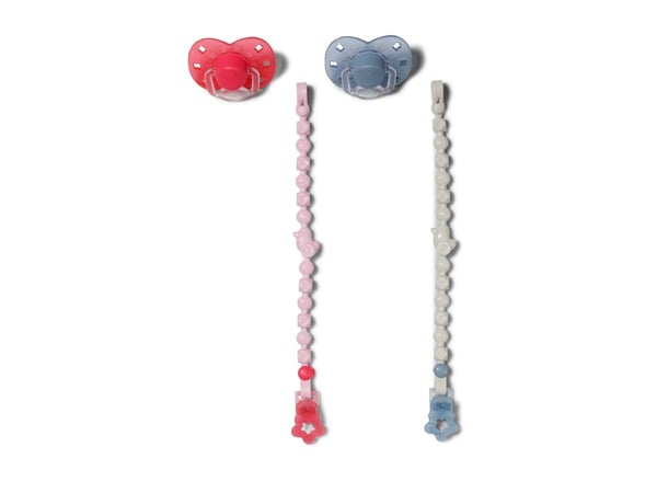 Zapf Smokk med klips 2 assorterte Smokk og smokkholder til dukke