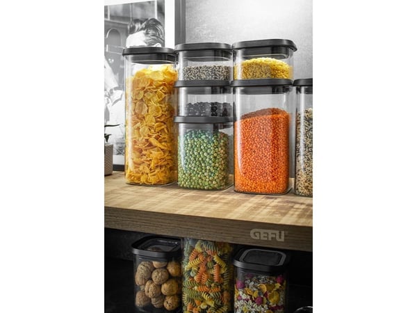 GEFU PANTRY, Beholder, Rektangulær, 0,4 l, Svart, Gjennomsiktig, Borosilikatglass, Plast, Silikon, Rustfritt stål, 110 mm