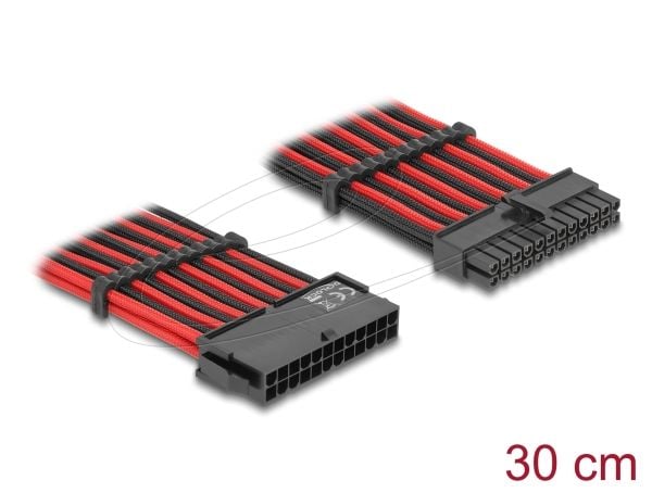 Delock - Strømforlengelseskabel - 24-pins ATX (hann) til 24-pins ATX (hunn) - 12 V - 30 cm - svart, rød