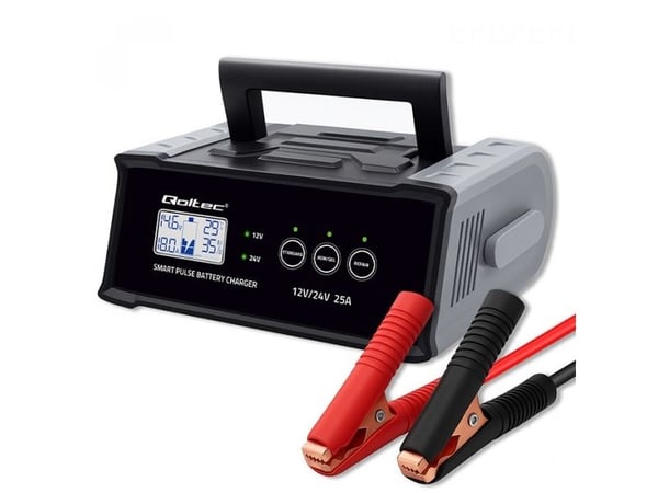 Qoltec Intelligent mikroprosessorbasert lader 12V24V 25A| likeretter med reparasjonsfunksjon for AGM GEL SLA-batteri | LCD