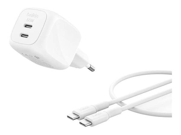Belkin BoostCharge Pro - Strömadapter - GaN - 50 Watt - Fast Charge - 2 utdatakontakter (2 x USB-C) - vit - med USB-C-kabel (1m)