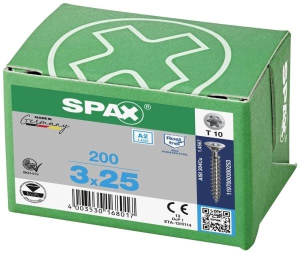 SPAX R 88091 uppokanta T-STAR 1197000300253 Puuruuvi 3 mm 25 mm Torx, kuusiokanta 88091 Ruostumaton teräs V2A ruostumaton 200 kpl