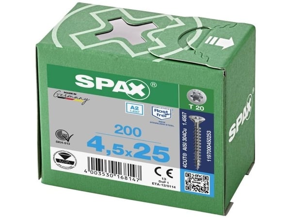 SPAX 1197000400253 SPAX Seko-T Puuruuvi 4 mm 25 mm Torx, kuusiokolo ruostumaton teräs V2A ruostumaton 200 kpl