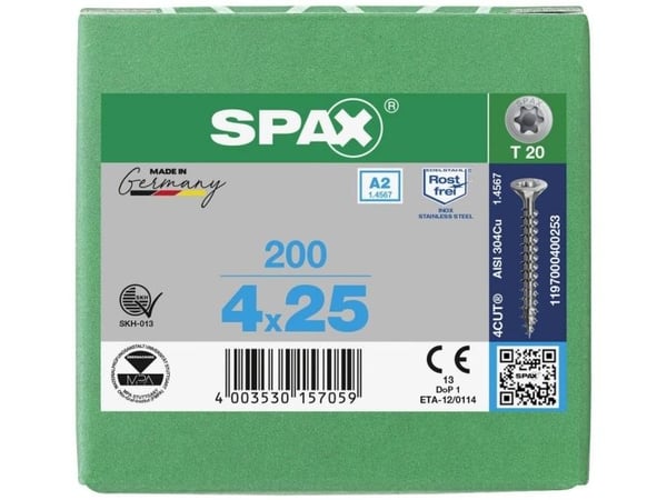SPAX 1197000400253 SPAX Seko-T Puuruuvi 4 mm 25 mm Torx, kuusiokolo ruostumaton teräs V2A ruostumaton 200 kpl