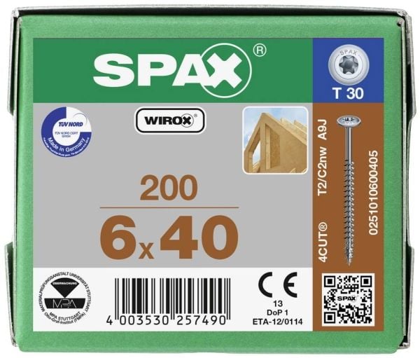Puurakenteinen ruuvilevypää SPAX T-Star 6x40 mm VG TX30 Wirox Wirox