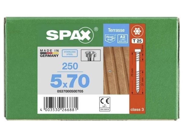 Terassiruuvit Sylinteripää SPAX-D T-Star 5x70 mm TX25 A2 Irtopakkaus