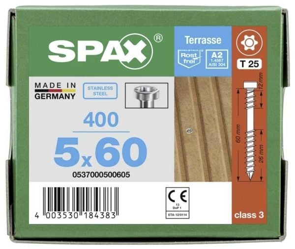 Terassiruuvit Sylinterin pää SPAX-D T-Star 5x60 mm TX25 A2 Irtopakkaus