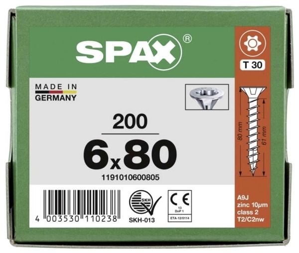 SPAX 1191010600805 Träskruv 6 mm 80 mm T-STAR Plus Stål WIROX 200 st