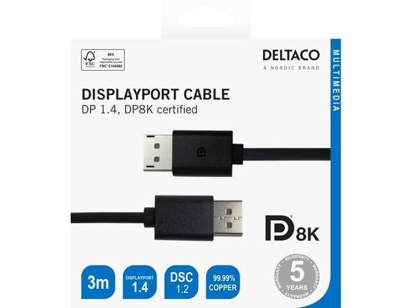 DELTACO - DisplayPort-kabel - DisplayPort (hann) til DisplayPort (hann) - DisplayPort 1.4 - 3 m - 8 K 60 Hz (7680 x 4320) støtte, ikke-låsende - svart