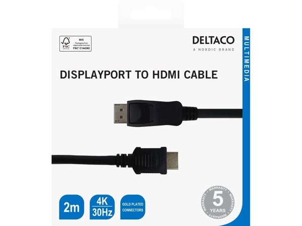 DELTACO - Adapterkabel - DisplayPort hann til HDMI hann - 2 m - svart - 4K UHD støtte