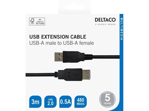 DELTACO - USB-forlengelseskabel - USB (hann) til USB (hunn) - USB 2.0 - 3 m - svart