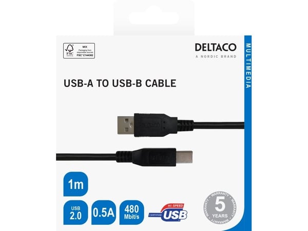 DELTACO - USB-kabel - USB (hann) til USB-type B (hann) - USB 2.0 - 0.5 A - 1 m - svart