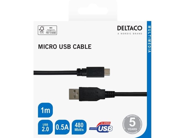 DELTACO - USB-kabel - Micro-USB type B (hann) til USB (hann) - USB 2.0 - 2.4 A - 1 m - up to 480 Mbps - svart