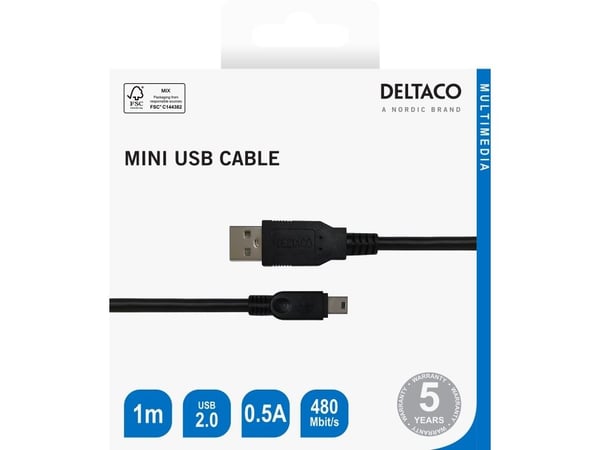 DELTACO - USB-kabel - mini-USB Type B (hann) til USB (hann) - USB 2.0 - 1 m - up to 480 Mbps - svart