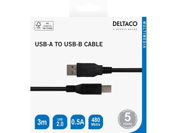 DELTACO - USB-kabel - USB (hann) til USB-type B (hann) - USB 2.0 - 0.5 A - 3 m - svart