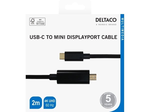 DELTACO - Adapterkabel - 24 pin USB-C (hann) til Mini DisplayPort (hann) - DisplayPort 1.2 - 2 m - aktiv, støtte for 4K 60 Hz (3840 x 2160), støtte...