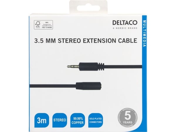 DELTACO - Lydforlengelseskabel - 3,5 mm stereo hann til 3,5 mm stereo hunn - 3 m - svart