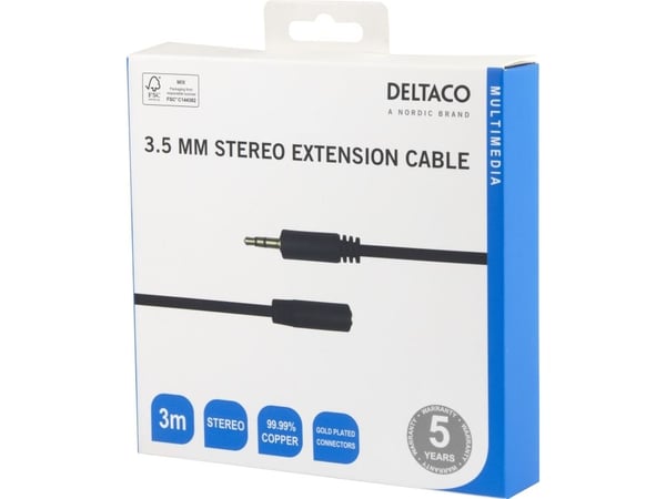 DELTACO - Lydforlengelseskabel - 3,5 mm stereo hann til 3,5 mm stereo hunn - 3 m - svart