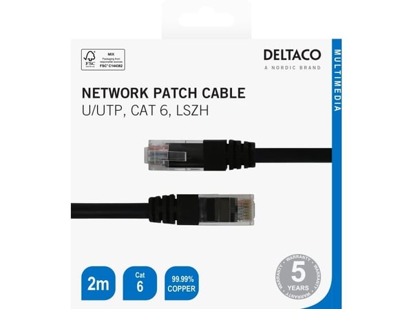 DELTACO - Koblingskabel - RJ-45 (hann) til RJ-45 (hann) - 2 m - UTP - CAT 6 - svart