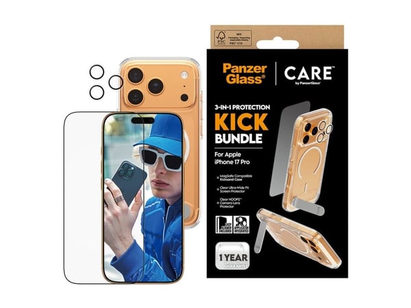 PanzerGlass ® | CARE by ® 3-in-1 Feature Kick Bundle iPhone 17 Pro, Apple, Apple - iPhone 17 Pro, Asennus kuivana, Naarmuuntumisenkestävä, Iskunkes...
