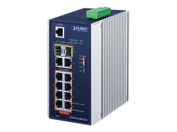 PLANET IGS-4215-8P2T2S - Switch - Styrt - 8 x 10/100/1000 (PoE+) + 2 x 10/100/1000 + 2 x 1000Base-X SFP - DIN-skinnemonterbar, veggmonterbar - PoE+...