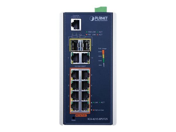 PLANET IGS-4215-8P2T2S - Switch - Styrt - 8 x 10/100/1000 (PoE+) + 2 x 10/100/1000 + 2 x 1000Base-X SFP - DIN-skinnemonterbar, veggmonterbar - PoE+...