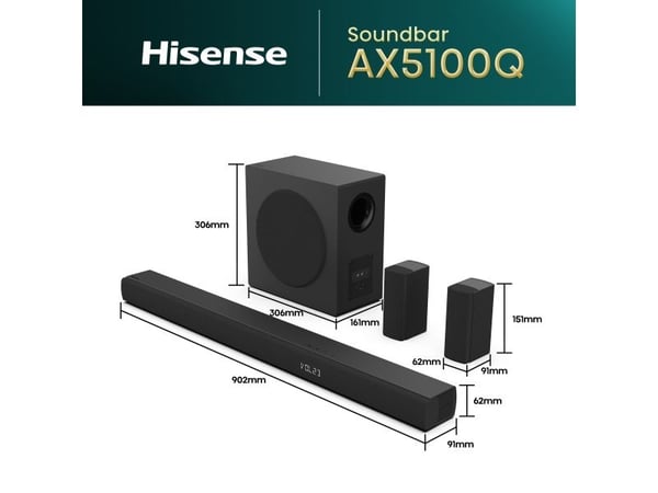 Hisense AX5100Q, 5.1 kanaler, 580 W, DTS:X, Dolby Atmos, 80 W, 580 W, Aktiv subwoofer