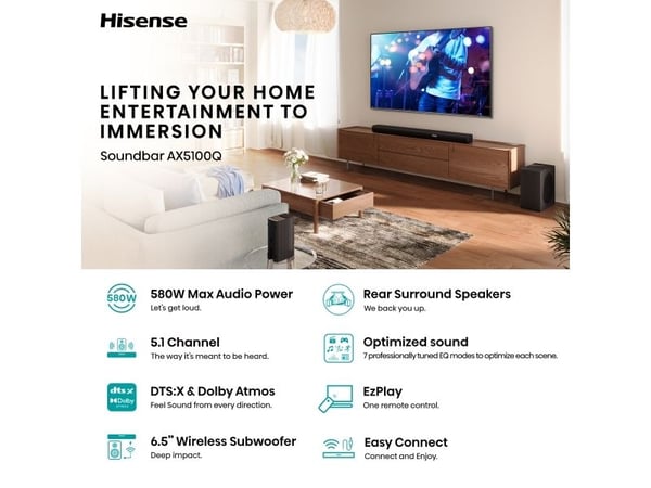 Hisense AX5100Q, 5.1 kanaler, 580 W, DTS:X, Dolby Atmos, 80 W, 580 W, Aktiv subwoofer