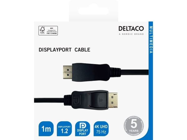 Deltaco Sertifioitu DisplayPort 1.2 -kaapeli, 1 m, musta, 1 m, DisplayPort, DisplayPort, Uros, Uros, 3840 x 2160 pikseliä