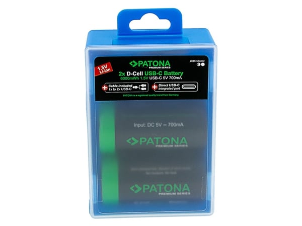 PATONA LR20 Mono D, Oppladbart batteri, LR20, Lithium, 2 stykker, 700 mAh, 61,3 mm