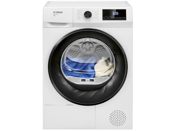 Bomann WPT 7154, Frittstående, Frontmatet, Varme pumpe, Sort, Hvit, Rotasjon, Berøringskontroll, Dør med vindu av plast