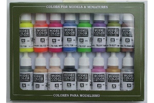 Vallejo 70.112, Sort, Blå, Brun, Gull, Grønn, Grå, Fiolblå, Oransje, Rosa, Sølv, Hvit, Gult, Acryl maling, Væske, 17 ml, 16 stykker
