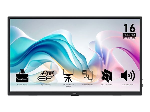 MSI PRO MP165DE E6 - LED-skjerm - 16" (15.6" synlig) - portabel - 1920 x 1080 Full HD (1080p) @ 60 Hz - IPS - 250 cd/m² - 1000:1 - 4 ms - Mini HDMI...
