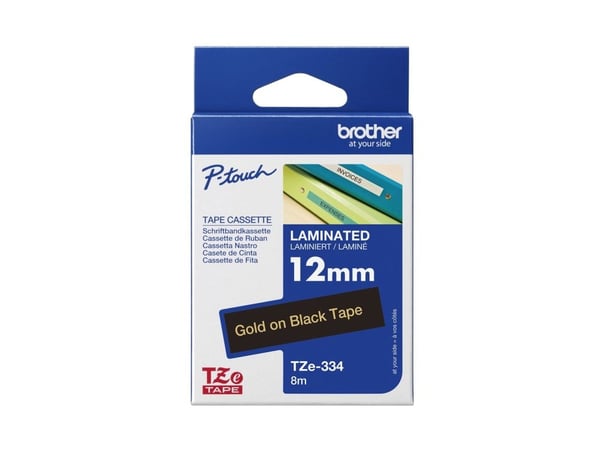 Brother TZe-334 - Standardklebemiddel - gull på sort - Rull (1,2 cm x 8 m) 1 kassett(er) laminert teip - for Brother PT-D210, D600, H110; P-Touch P...