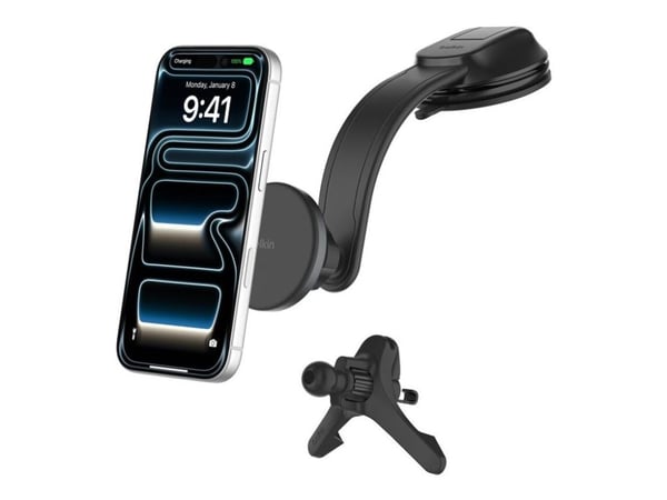Belkin BoostCharge - Trådløs ladeholder for bil - magnetic, with air vent & dash mount + bilstrømadapter - 15 watt - svart