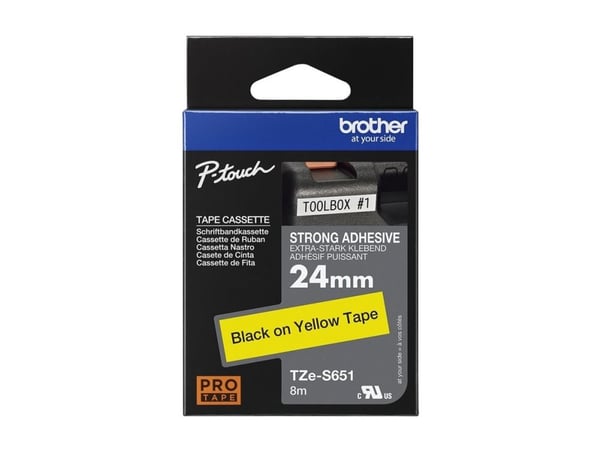 Brother TZe-S651 - Ekstra sterk adhesiv - svart på gult - Rull (2,4 cm x 8 m) 1 kassett(er) laminert teip - for Brother PT-D600; P-Touch PT-2430, 3...