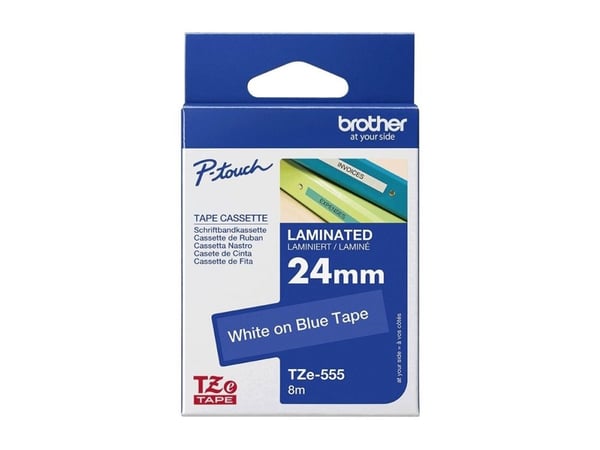 Brother TZe-555 - Hvitt på blått - Rull (2,4 cm x 8 m) 1 kassett(er) laminert teip - for Brother PT-D600; P-Touch PT-2470, 3600, D800, E550, H500, ...