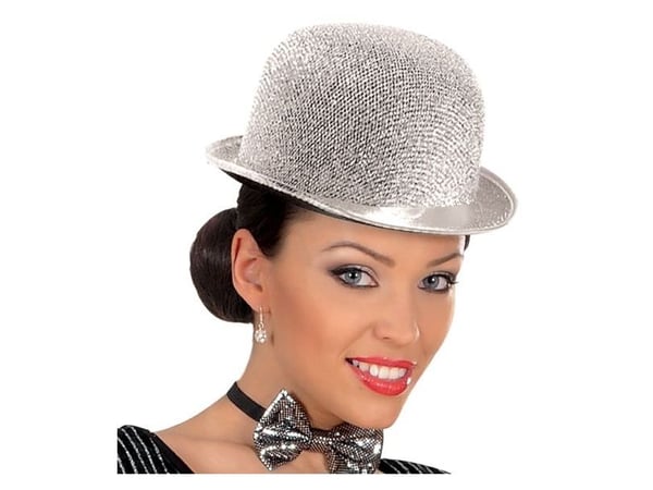 Sølv bowlerhatt med glitter