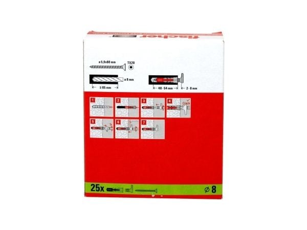 Fischer 564173, Skruekrok og veggpluggsett, Lettbetong, Murstein, Betong, Gipsfiberplate, Gipsplater, Plast, Grå, Rød, Torx, TX20