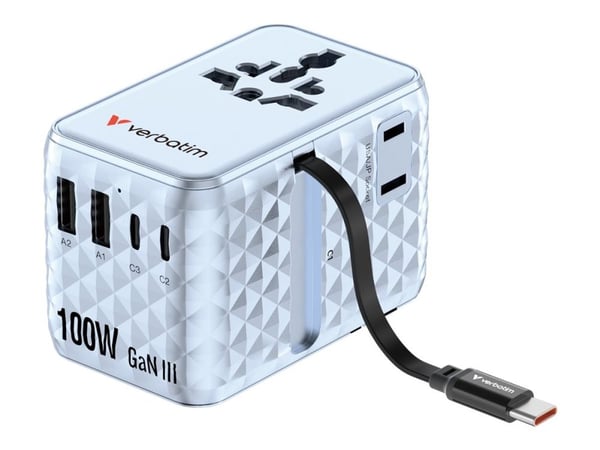 Verbatim Charge 'n' Travel - Strømadapter - GaN III, universal, with retractable USB-C cable - 100 watt - 10 A - QC 4.0+, QC 3.0, Fast Charge, Powe...