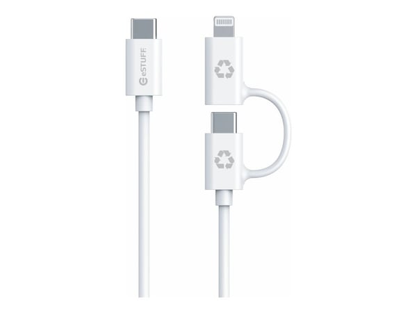 eSTUFF INFINITE - USB-kabelsett - USB-C (hann) til Lightning, USB-C (hann) - USB 2.0 - 5 V - 2.4 A - 1 m - 100 % resirkulert plast - hvit
