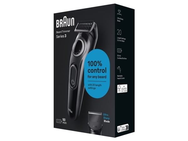 Braun BeardTrimmer 3 BT3400, Vaskbar, Batteri, Svart