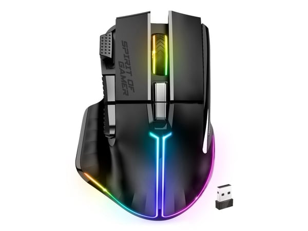 Spirit of Gamer PRO M5 DARK WIRELESS, Høyre hendt, Optisk, RF Wireless + Bluetooth + USB Type-C, 8000 DPI, Sort
