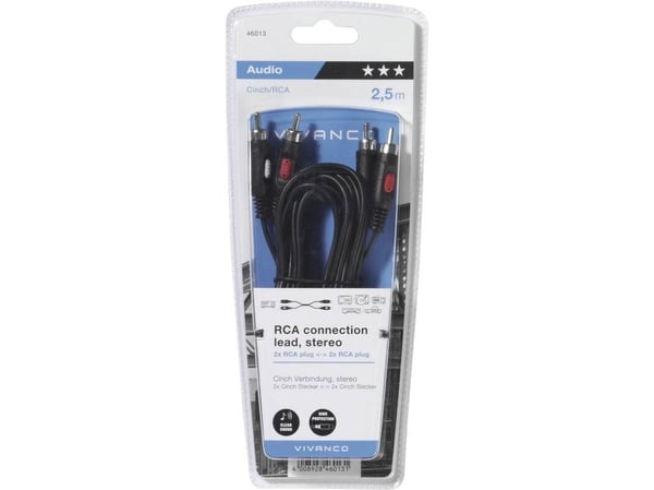 Vivanco VVA2RCA25MMK, 2 x RCA, Hankjønn, 2 x RCA, Hankjønn, 2,5 m, Svart