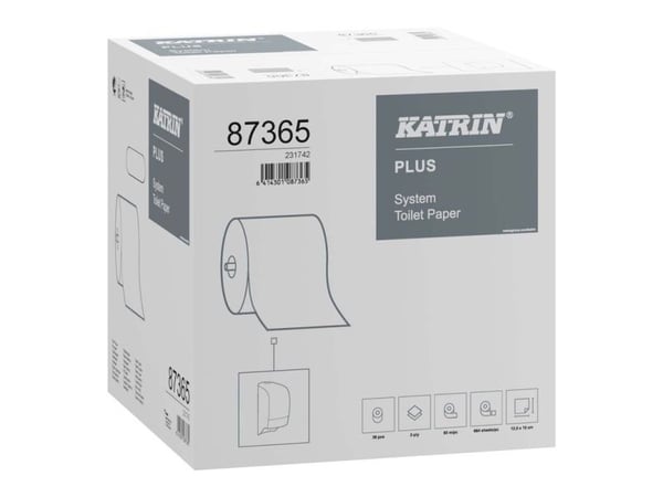 Toalettpapir Katrin Plus System 2-lags, hvitt, ny fiber, med kjerne - (36 ruller per kartong)