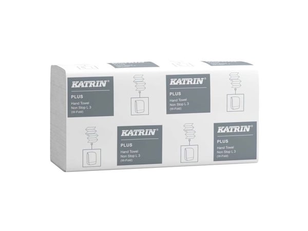Håndklædeark Katrin Plus Non-Stop W-fold 3-lag L34xB20.3xD8.5cm Nyfiber Hvid,21 pk x 90 stk/krt