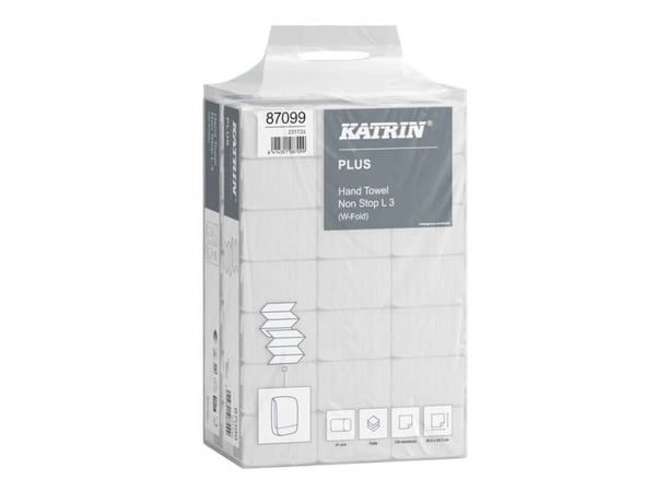 Håndklædeark Katrin Plus Non-Stop W-fold 3-lag L34xB20.3xD8.5cm Nyfiber Hvid,21 pk x 90 stk/krt