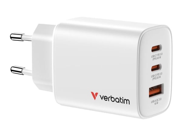 Verbatim Essentials - Strömadapter - GaN - 65 Watt - 3 A - Power Delivery 3.0 + PPS, QC 3.0 - 3 utdatakontakter (USB-C, USB) - vit - Europa