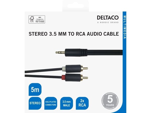 DELTACO - Lydkabel - RCA x 2 hann til 3,5 mm telefonjakk hann - 5 m - svart